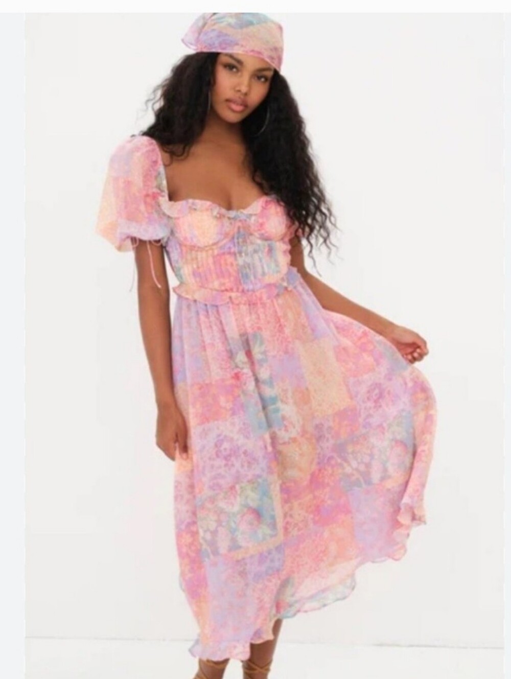 For Love & Lemons Pastel Patchwork Midi Dress in Pink, Purple, Blue